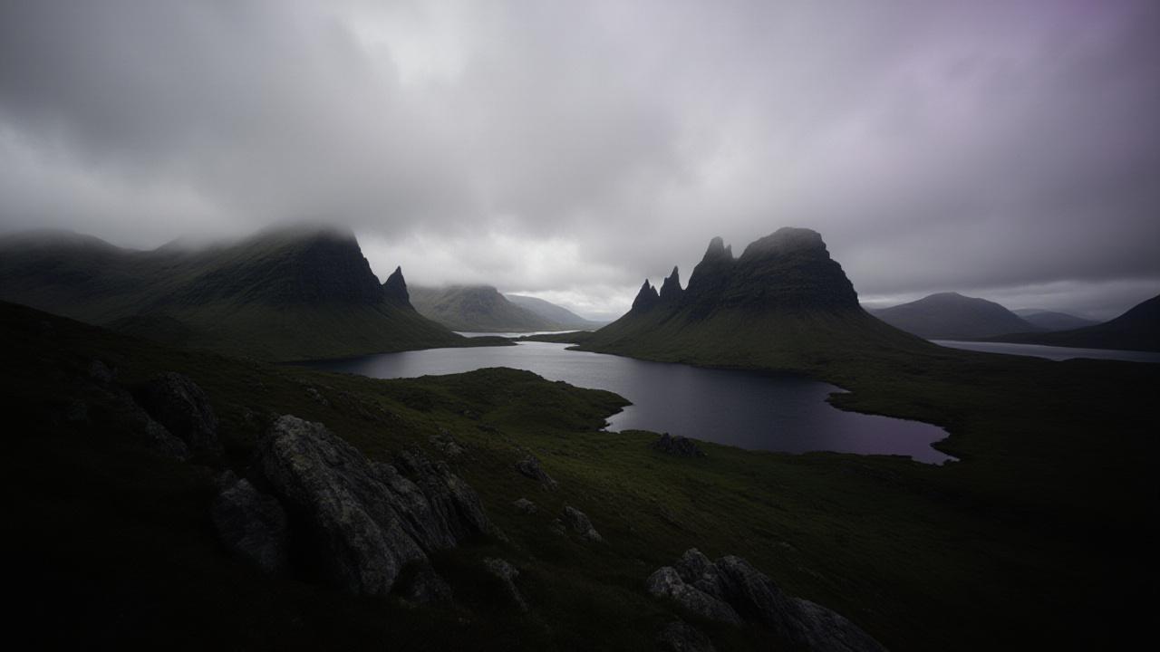 Panoramic view of the misty Scottish Highlands near Ardgour