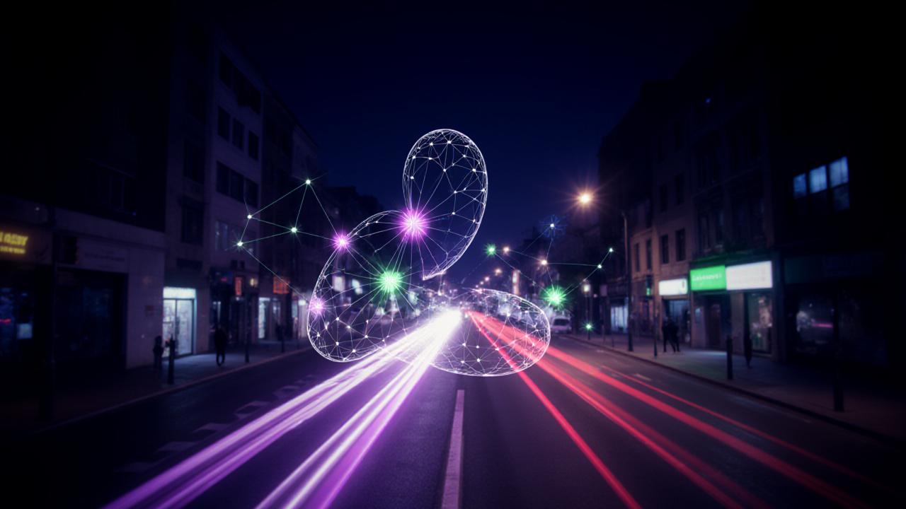 Abstract view of a fast-moving delivery network with glowing floral data points