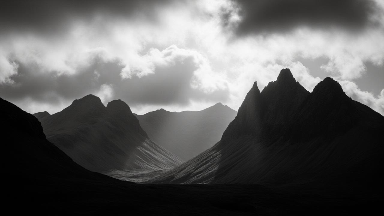 Monochrome wide shot of Ardgour, Scottish Highlands